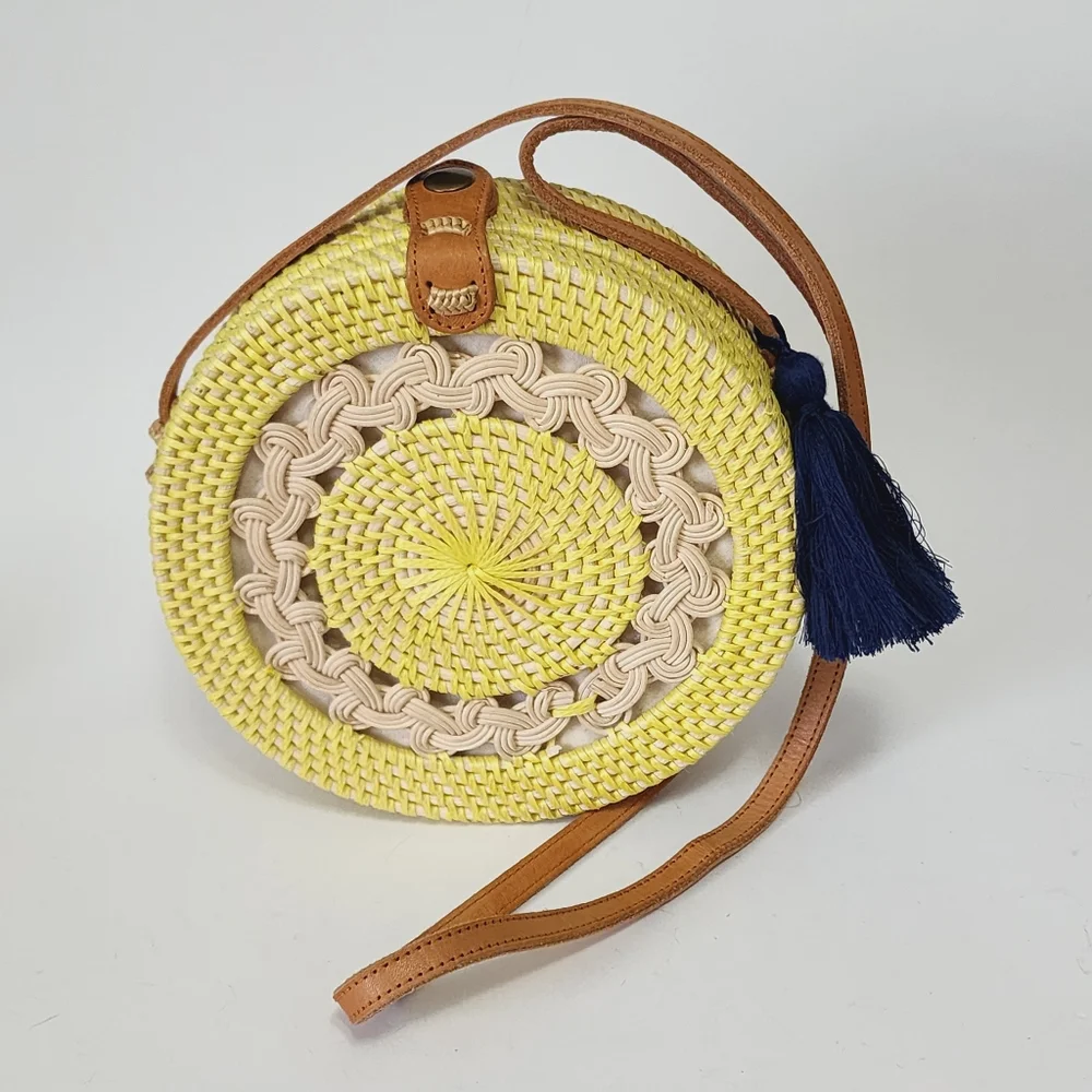 Hand Crafted Bali Yellow & Beige Tassel Rattan Circle Crossbody Bag